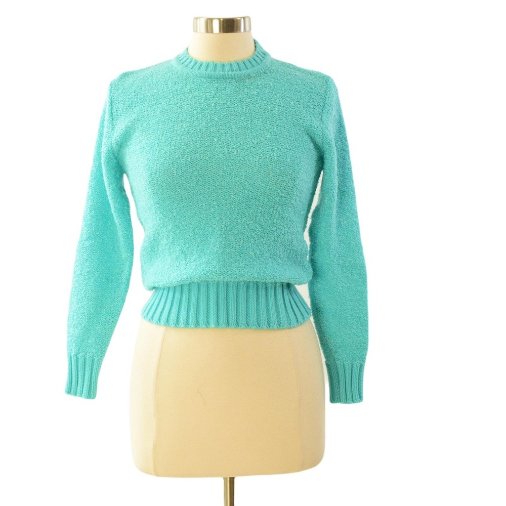 80s Boucle' Knit Sweater Mock Neck Turquoise Womens S